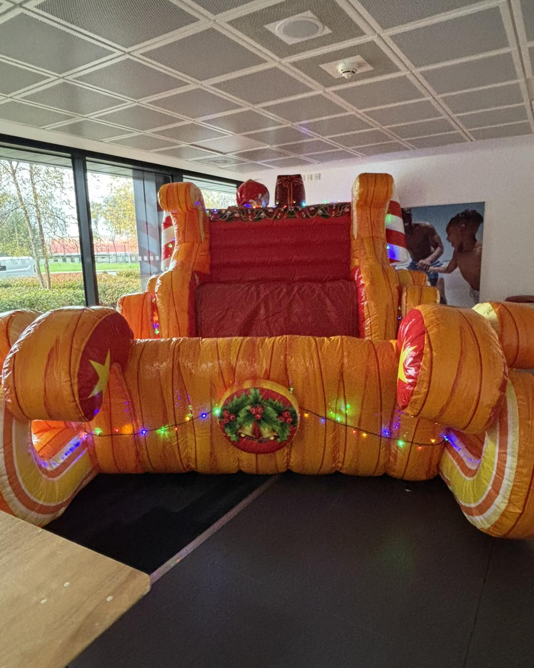 inflatable Santa's sleigh photo prop set up at Matalan HQ in Liverpool