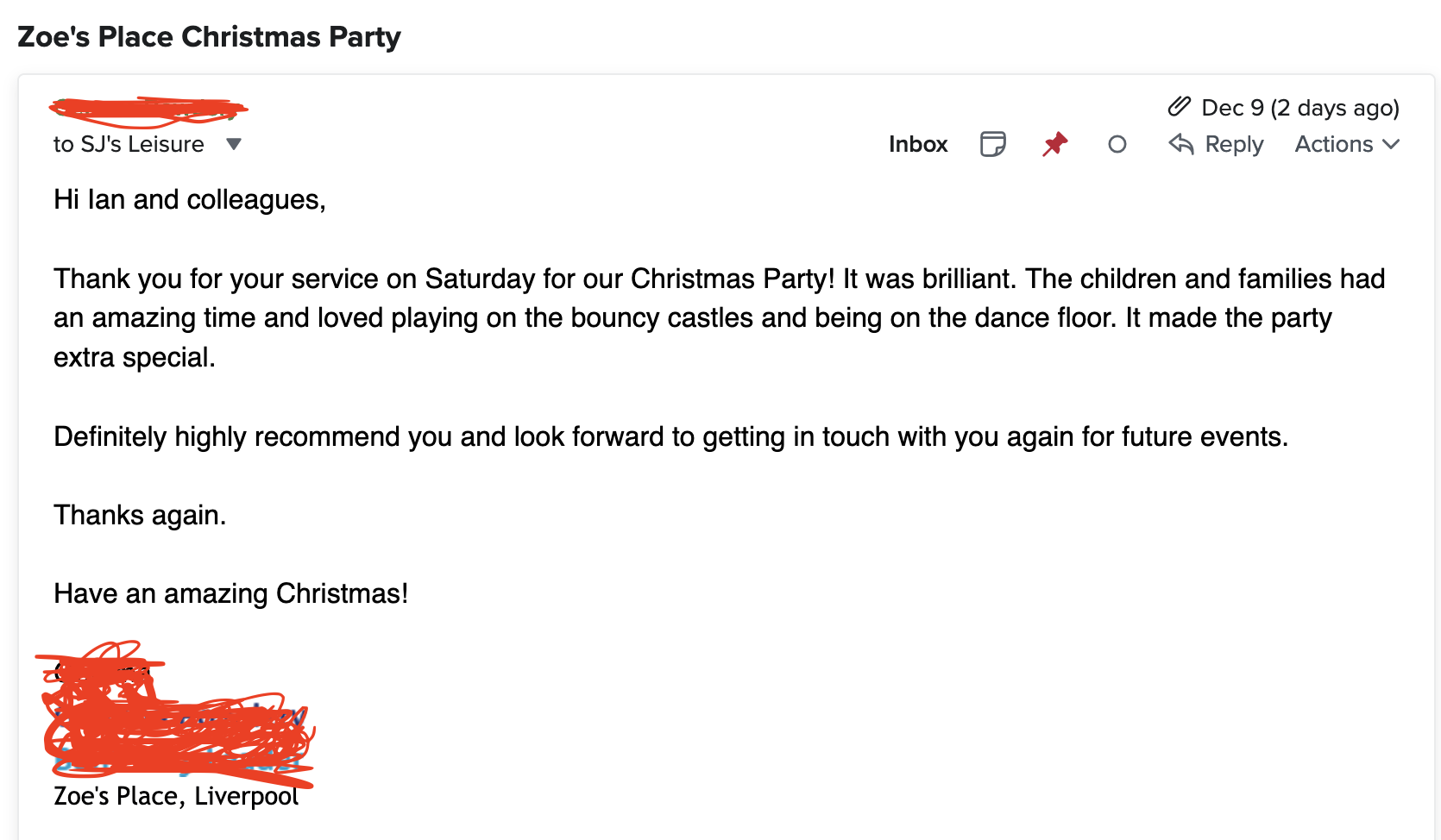 Zoe's Place feedback from Christmas event at Liverpool One Church